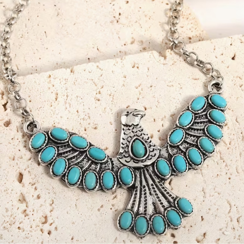 Soon NEW 10/24 Boho Eagle Silver and faux Turquoise Eagle Necklace